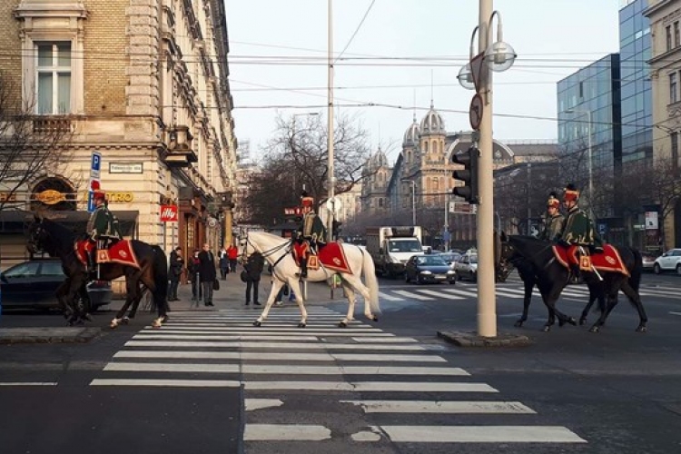 Huszárok lovagoltak át a körúton a reggeli forgalomban