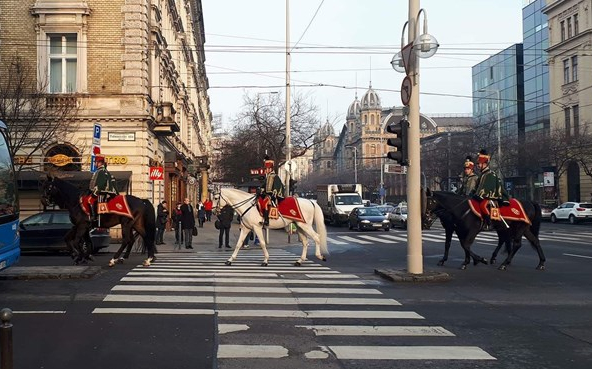Huszárok lovagoltak át a körúton a reggeli forgalomban